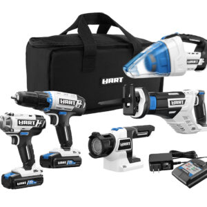 HART-20-Volt-Cordless_5-Tool-Combo-Kit_(2)-1.5Ah-Lithium-Ion-Batteries_and_16-inch-Storage-Bag_Impact-driver_Drill_Led-Lamp_Hand-Vacuum_reciprocating-saw